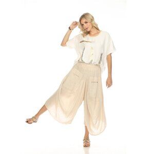 Beige Elastic Waist designer Wide Leg Pockets Pant